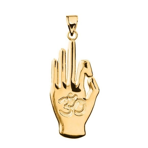 14K Solid Gold Stay Calm OHM Hand Sign Yoga Symbol Pendant Charm